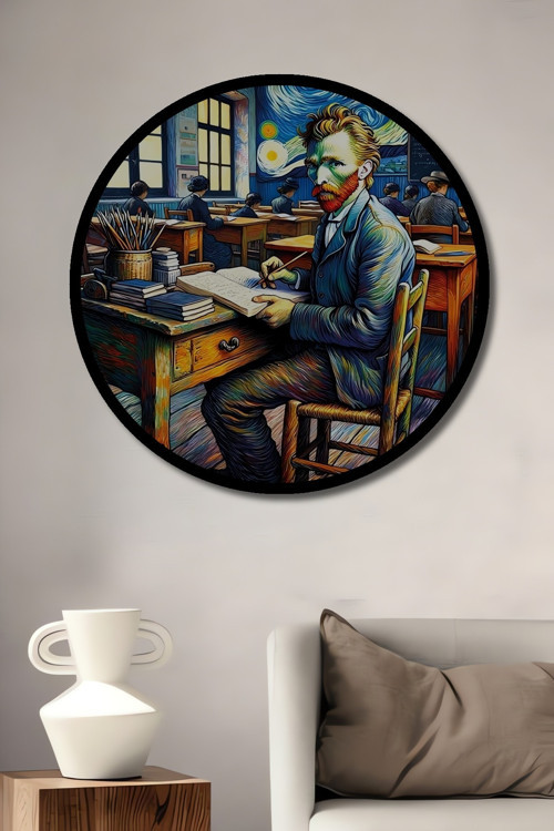 Çerçeve Görünümlü Vincent Van Gogh Sınıfta Yağlı Boya Görünümlü Sanat Tablosu Yuvarlak Duvar Tablosu