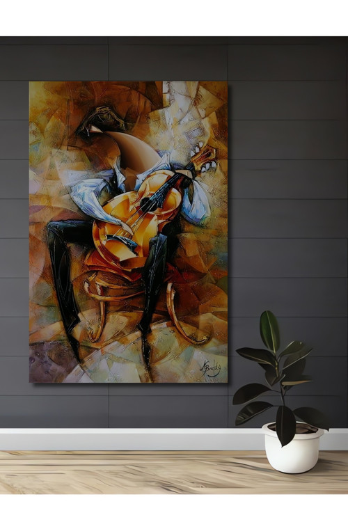 Gitarist Ruhlu Soyut Yağlı Boya Görünümlü Ahşap Dekoratif Ev Antre Salon Ofis Mutfak Tablo