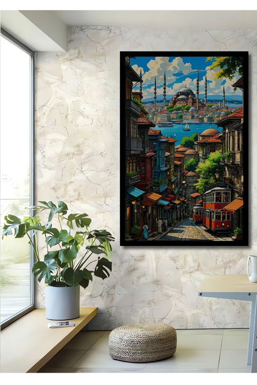 Çerçeve Görünümlü İstanbul Manzaralı Yağlı Boya Görünümlü Dekoratif Ahşap Mutfak Yatak Odası Tablo