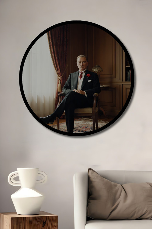 Çerçeve Görünümlü Mustafa Kemal Atatürk Yağlı Boya Görünümlü Ahşap Tablo Yuvarlak Duvar Tablosu