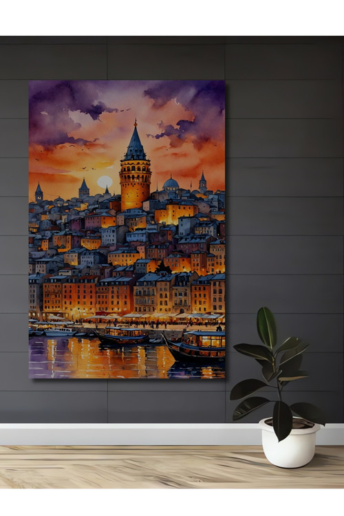 Galata Kulesi Sulu Boya Görünümlü Ahşap Dekoratif Ev Antre Salon Ofis Mutfak Yatak Odası Tablo
