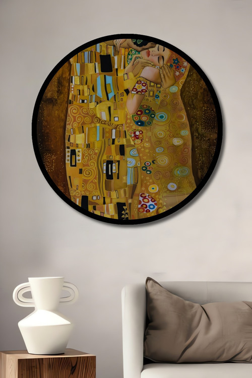 Çerçeve Görünümlü Ahşap Üzerine Gustav Klimt Öpücük Tablosu Dekoratif Ahşap Tablo Yuvarlak