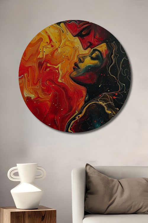 Tutku Dolu Aşk İki Yüzlü Soyut Sanat Ahşap Dekoratif Tablo Yuvarlak Duvar Tablosu