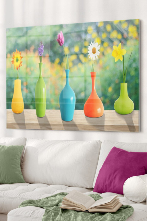 Renkli Çiçekler Ve Vazolar|Doğa Temalı Cam Tablo | Dekoratif Cam Tablo | 50X70 Cm