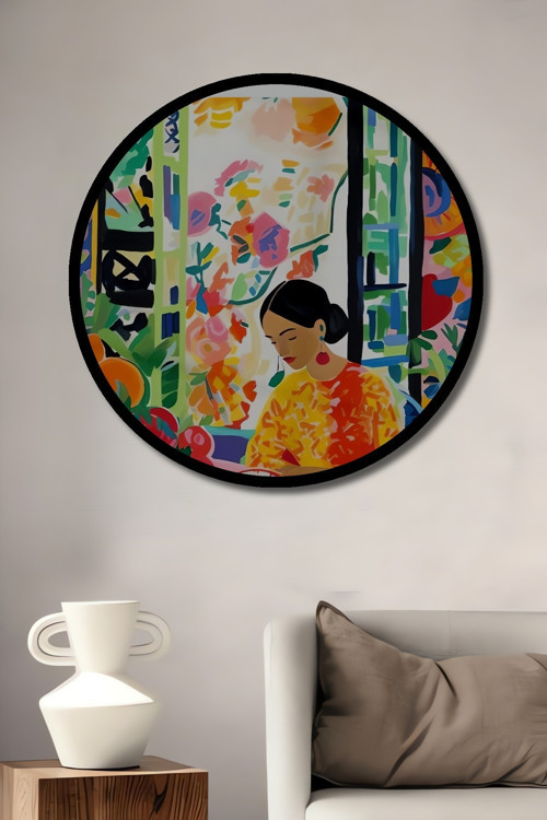 Çerçeve Görünümlü Renkli Çiçekli Bahçe Kahvaltısı Yağlı Boya Görünümlü Ahşap Tablo Yuvarlak Tablosu