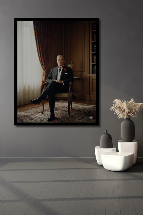 Çerçeve Görünümlü Mustafa Kemal Atatürk Yağlı Boya Görünümlü Ahşap Dekoratif Salon Ofis Mutfak Tablo