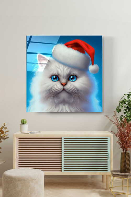 Noel Şapkalı Kedi Cam Tablo Dekoratif Cam Tablo