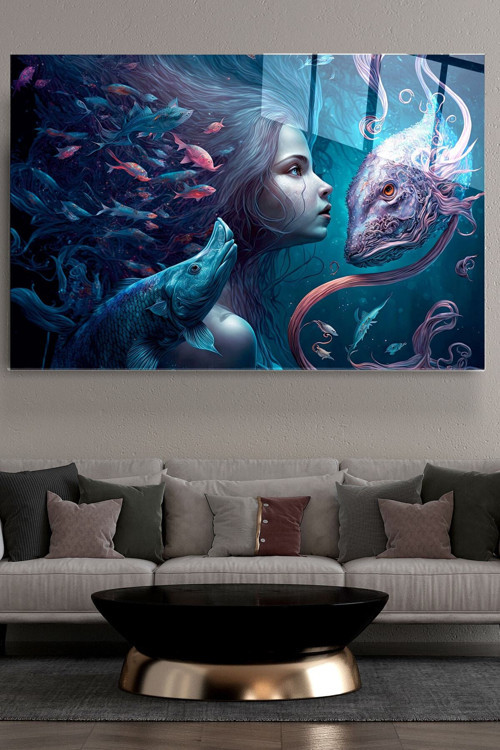 Mermaid And Fishes Cam Tablo Dekoratif Cam Tablo