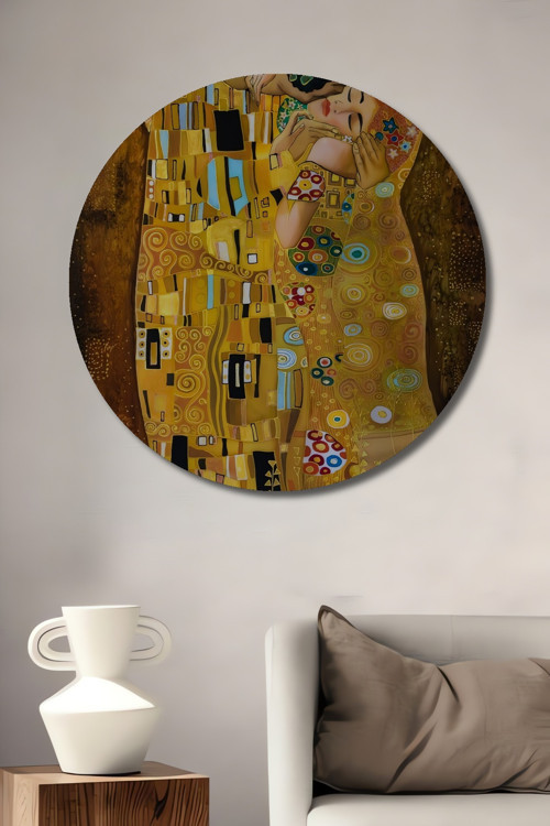 Ahşap Üzerine Yağlı Boya Görünümlü Gustav Klimt Öpücük Tablosu Ahşap Tablo Yuvarlak Duvar Tablosu