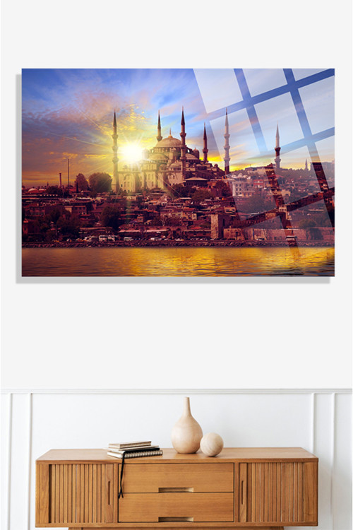 İstanbul Gün Batımı Cami Manzarası 4Mm Kırılmaz Temperli Yüksek Çözünürlüklü Cam Tablo