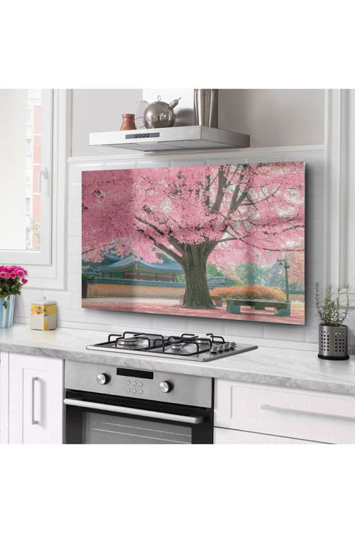 Cam Ocak Arkası Koruyucu Tezgah Ankastre Arkası Koruyucu 76X49 5 Cm | Pembe Ağaç