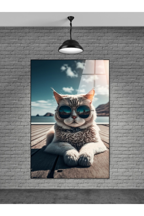 Güneşlenen Kedi Cam Tablosu