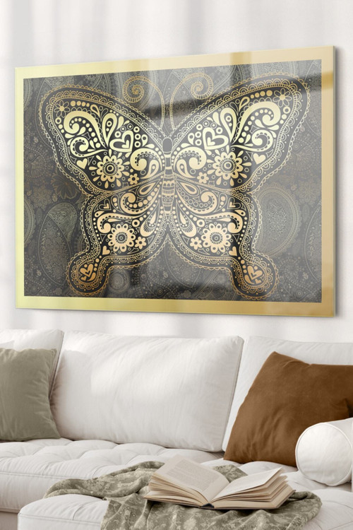 Gold Işlemeli Kelebek | Hayvan Temalı Cam Tablo | 50X70 Cm
