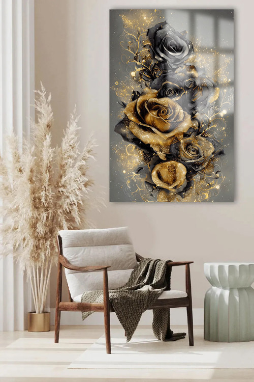 Gold Çiçek Cam Tablo Ultra Canlı Renkli Kırılmaz Cam Tablo Ev Hediyesi Ofis Hediyesi