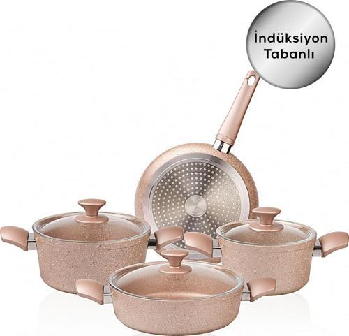 Biogranit Antik Rose New Indüksiyon Tabanlı 7 Parça Tencere Seti