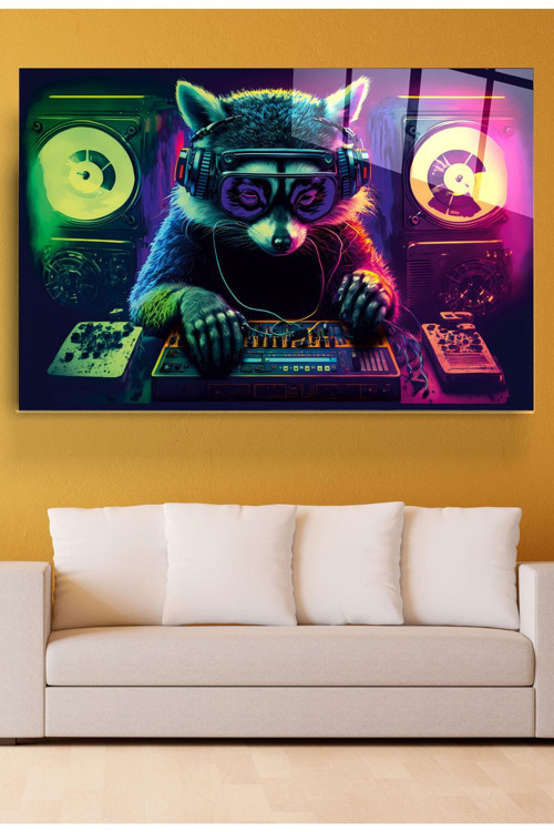Dj Rakun Cam Tablo Dekoratif Cam Tablo