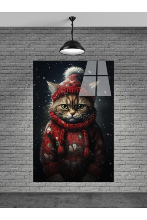 Kırmızı Kazaklı Kedi Cam Tablosu