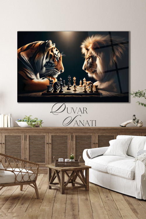Aslan Ve Kaplan Satranç Cam Tablo Modern Ev Ofis Salon Hediyelik Büyük Tablo Duvar Dekoru