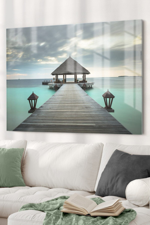Okyanus Ve Iskele | Manzara Temalı Temalı Modern Uv Dijital Baskı Dekoratif Cam Tablo | 50X70 Cm