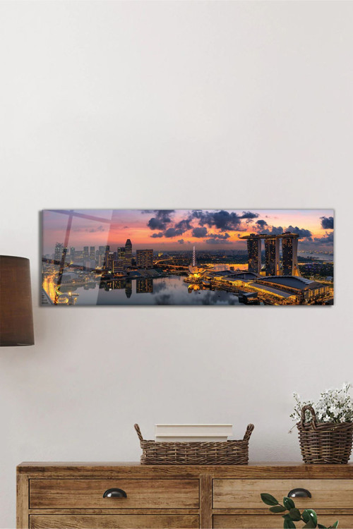 Gün Batımı Şehir Işıkları Panoramik Cam Tablo Temperli Ve Rodajlı Dayanıklı Cam