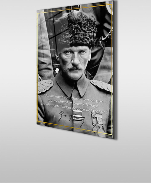 Atatürk Özel Tasarım 2 Siyah Beyaz Dikey Cam Tablo