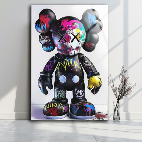 Kaws Soyut Cam Tablo Renkli Duvar Dekoru Asılmaya Hazır Dikey Cam Tablo Temperli Cam Baskı