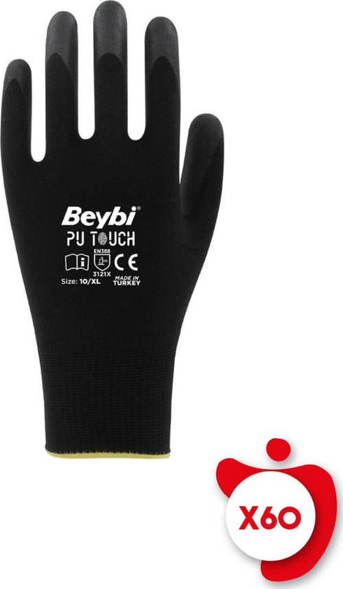 PU Touch Siyah Poliüretan Kaplı Polyester Örme Nitril İş Eldiveni 7 Beden 60 Çift