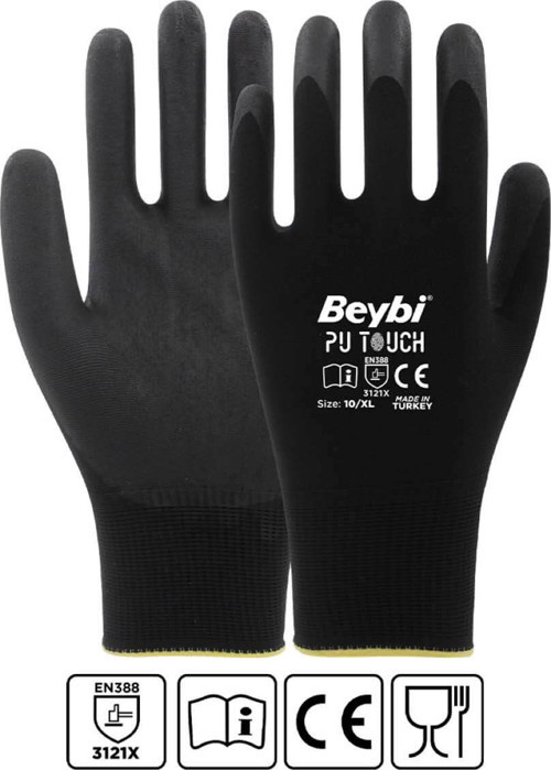 PU Touch Siyah Poliüretan Kaplı Polyester Örme Nitril İş Eldiveni 8 Beden
