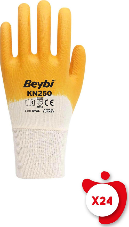 KN250 Sarı Pamuk Nitril İş Eldiveni 10 Beden 24 Çift