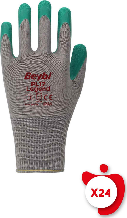 PL17 Legend Yeşil-Gri Polyester Örme Lateks İş Eldiveni 10 Beden 24 Çift