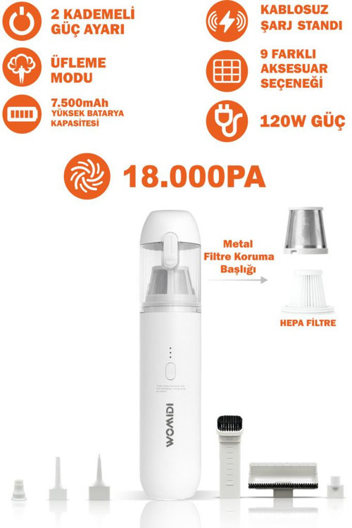 Ev Araç İçi Süpürge 18.000Pa Güçlü Emiş,9 Adet Aksesuar Üfleme Fonksiyonlu, Taşınabilir Mini Süpürge