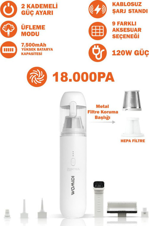 Ev Araç İçi Süpürge 18.000Pa Güçlü Emiş,9 Adet Aksesuar Üfleme Fonksiyonlu, Taşınabilir Mini Süpürge