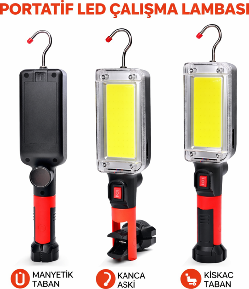 60W COB LED 1200 Lümen Şarjlı Çalışma Lambası - Mıknatıslı, Kancalı, Kıskaçlı + 2 Adet 18650