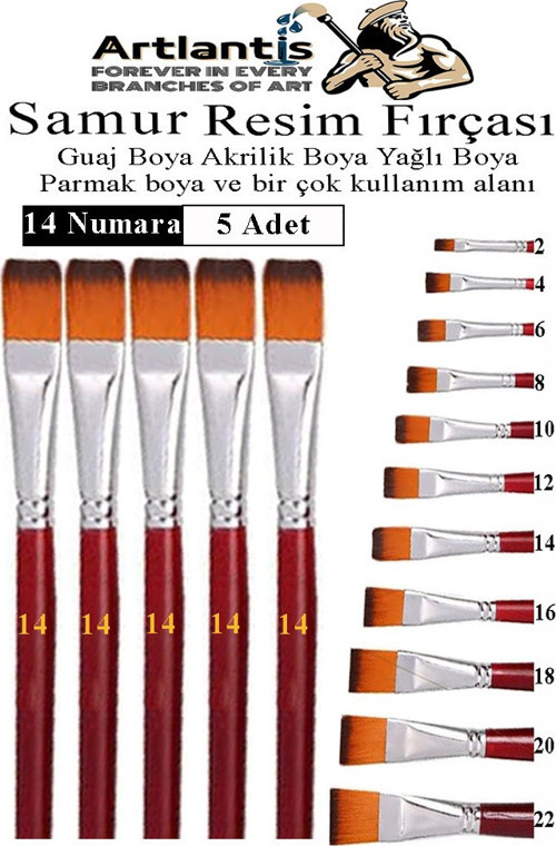 Yassı Uçlu 14 Numara Resim Fırçası 5 li 1 Paket Samur Kesik Uçlu Fırça Seti Guaj Sulu Akrilik Yağlı Boya Fırçaları