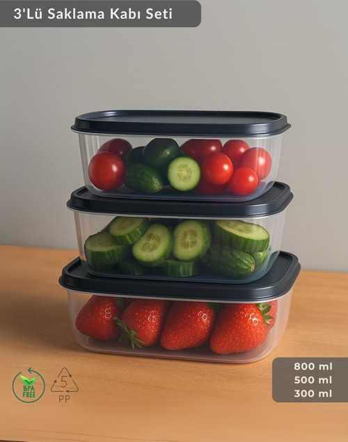 Dikdörtgen 3'Lü Saklama Kabı Bpa Free Derin Dondurucu için Uygun Beslenme Kabı 800-500-300 ml