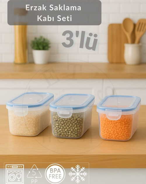 3'lü Set Erzak Kabı Vakumlu Hava Almaz BPA FREE Kilitlenebilir Bakliyat Kabı 1,25 L