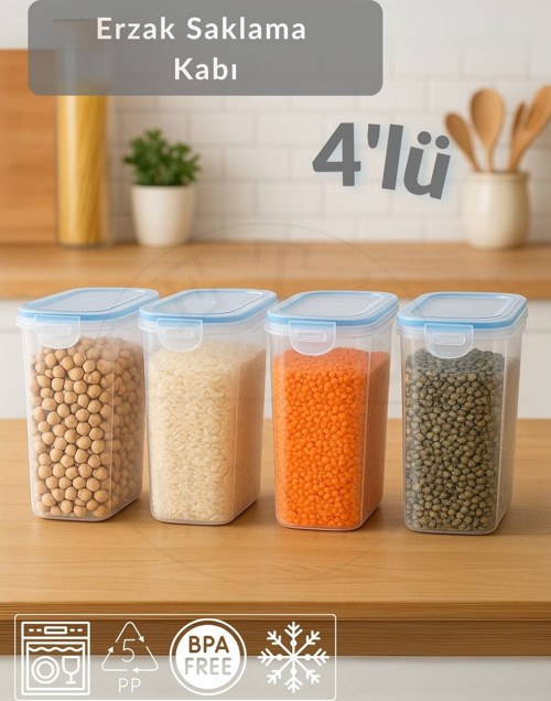 4'lü Set Erzak Kabı Vakumlu Hava Almaz BPA FREE Kilitlenebilir Bakliyat Kabı 3 L