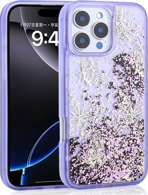 İphone 14 Pro Max Kılıf Sıvılı Simli Kelebek Baskılı Şeffaf Arka Yüzey Klfs Glis Silikon Kapak - Mor