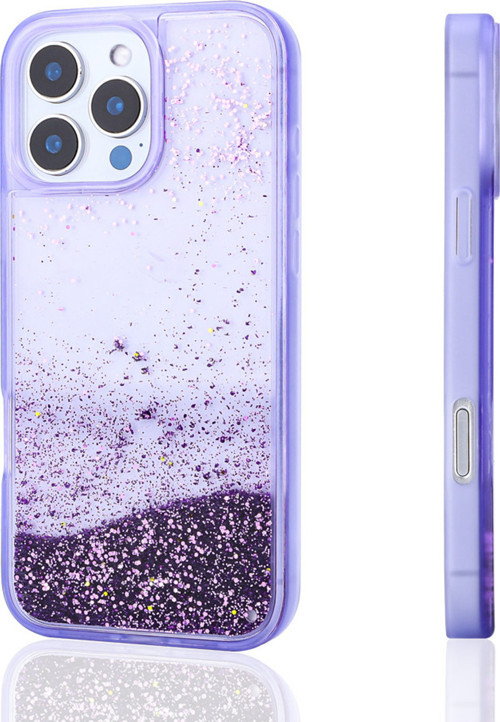 İphone 14 Pro Max Kılıf Sıvılı Simli Şeffaf Arka Yüzey Klfs Keto Silikon Kapak - Mor