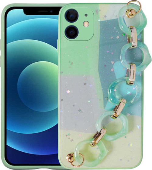 İphone 11 Uyumlu Simli Desenli El Askılı Tutacaklı Klfs Elsa Silikon Kılıf-Yeşil