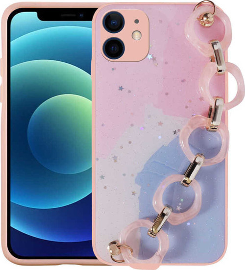 İphone 11 Uyumlu Simli Desenli El Askılı Tutacaklı Klfs Elsa Silikon Kılıf-Pembe