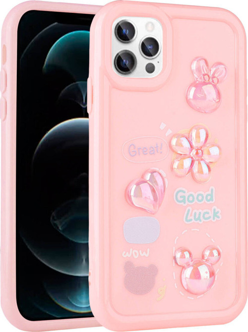 İphone 13 Pro Max Uyumlu Kabartma Figürlü Parlak Klfs Toys Silikon Kılıf-Pembe