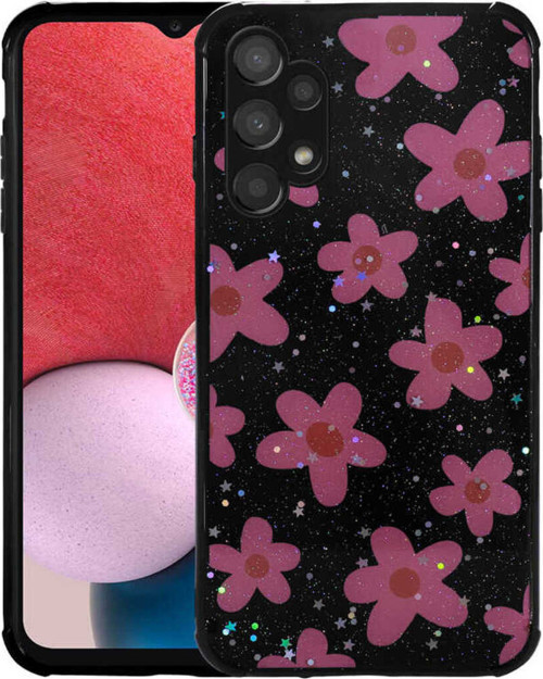 Galaxy A13 4G Kılıf Simli Desenli Kamera Korumalı Parlak Klfs Popy Kapak - Çiçek