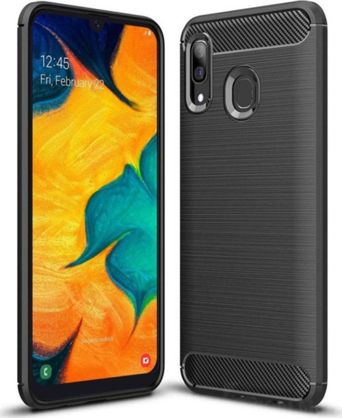 Samsung Galaxy A20 Kılıf Karbon Fiber Armor Silikon Kapak + Cam