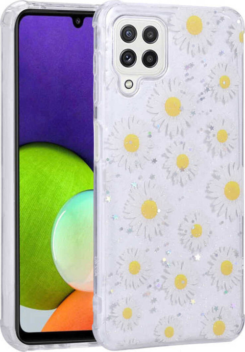 Galaxy M22 Kılıf Simli Desenli Kamera Korumalı Parlak Klfs Popy Kapak - Papatya