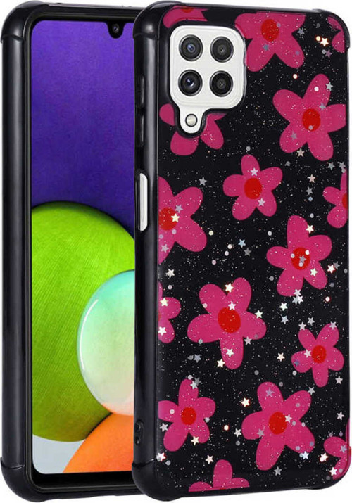 Galaxy M22 Kılıf Simli Desenli Kamera Korumalı Parlak Klfs Popy Kapak - Çiçek