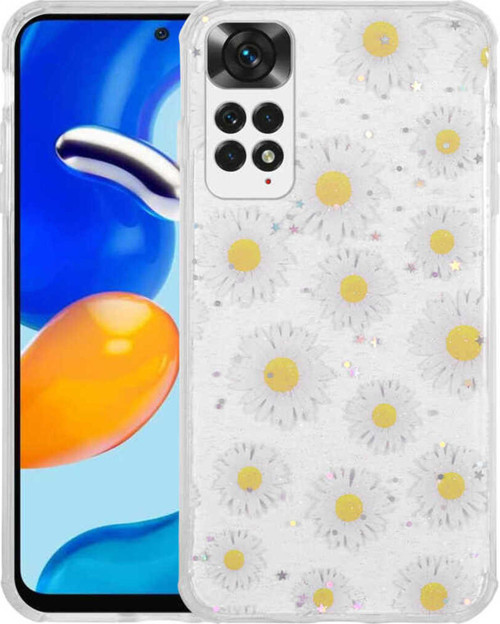 Redmi Note 11 Global Kılıf Simli Desenli Kamera Korumalı Parlak Klfs Popy Kapak - Papatya