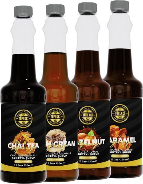 Chai Tea-Karameli-Irısh Cream-Fındık 4'Lü Avantajlı Paket Koktey Kahve Şurubu (750 Ml X 4)