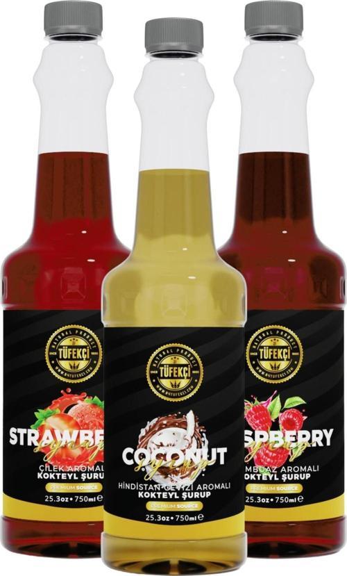 Çilek-Hindistan Cevizi-Frambuaz 3'Lü Avantajlı Paket Kokteyl, Pasta Ve Kahve Şurubu (750 Ml X 3)