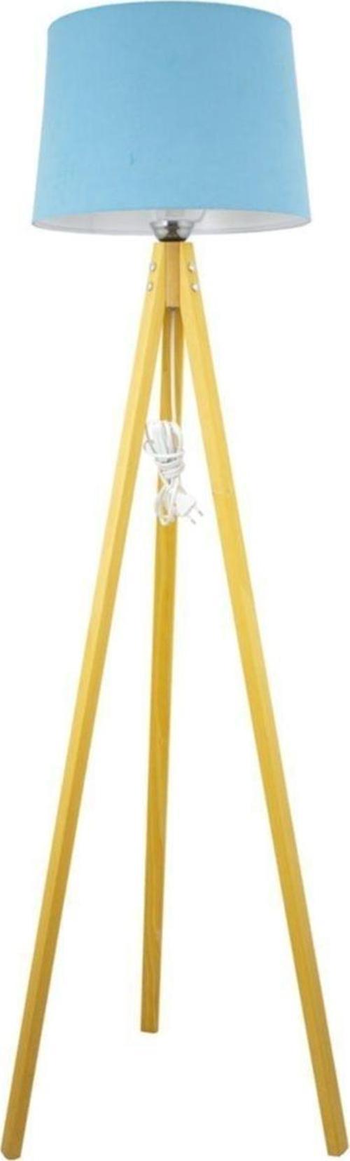 Rustik Ahşap 3 Ayak Natural Açık Kahverengi Tripod Lambader Turkuaz Konik Şapka